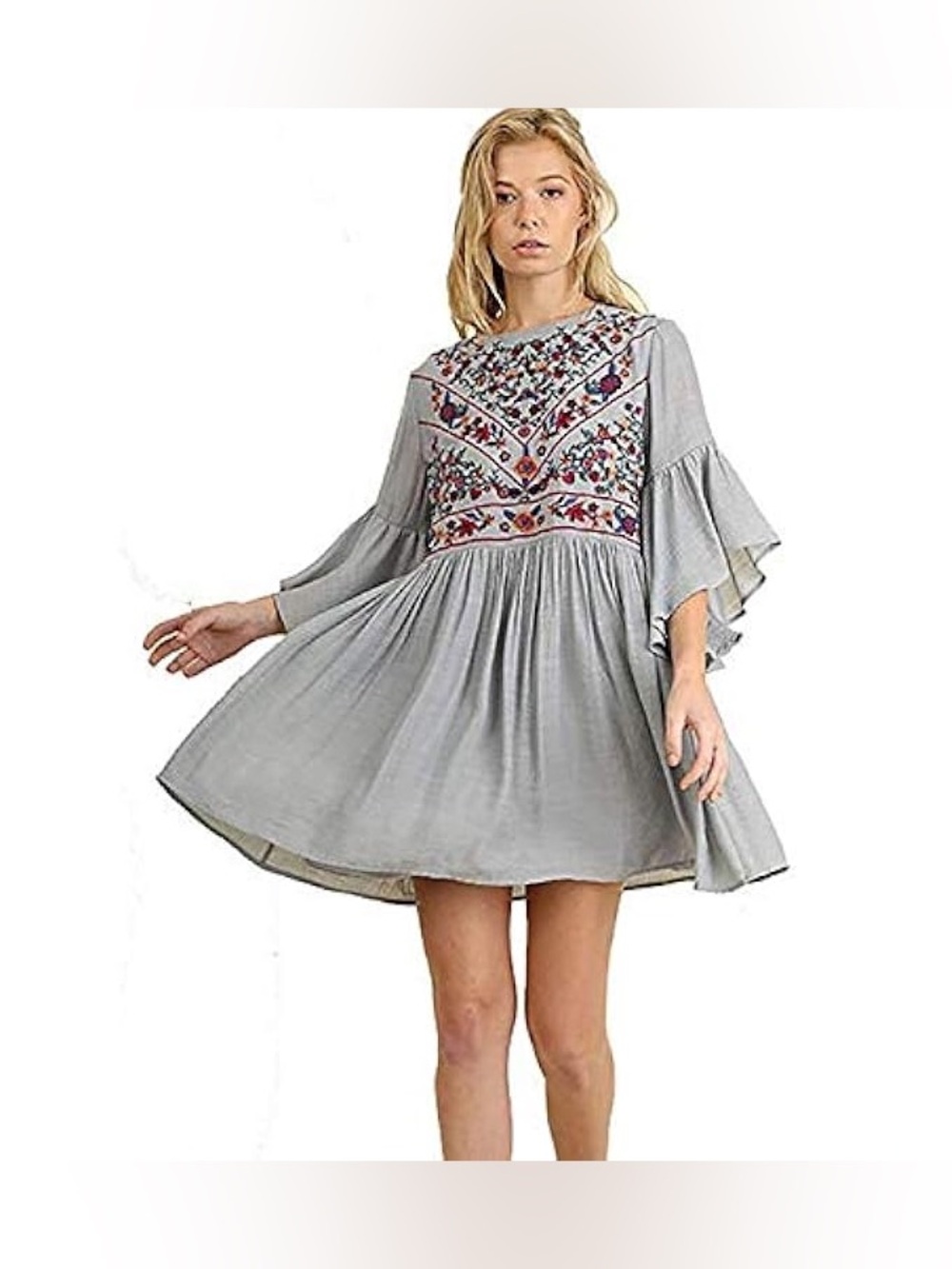 Umgee Boho Bliss Embroidered Bell Sleeve Dress Gray Floral L